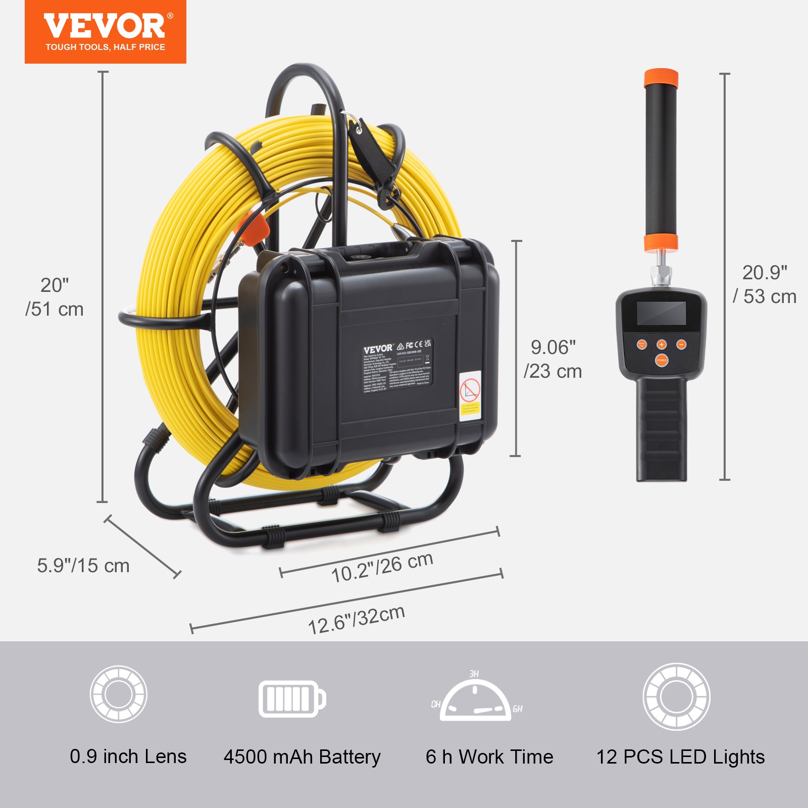 VEVOR Sewer Camera Pipe Inspection Camera w/ 512hz Sonde 9in 720p Screen 164 ft