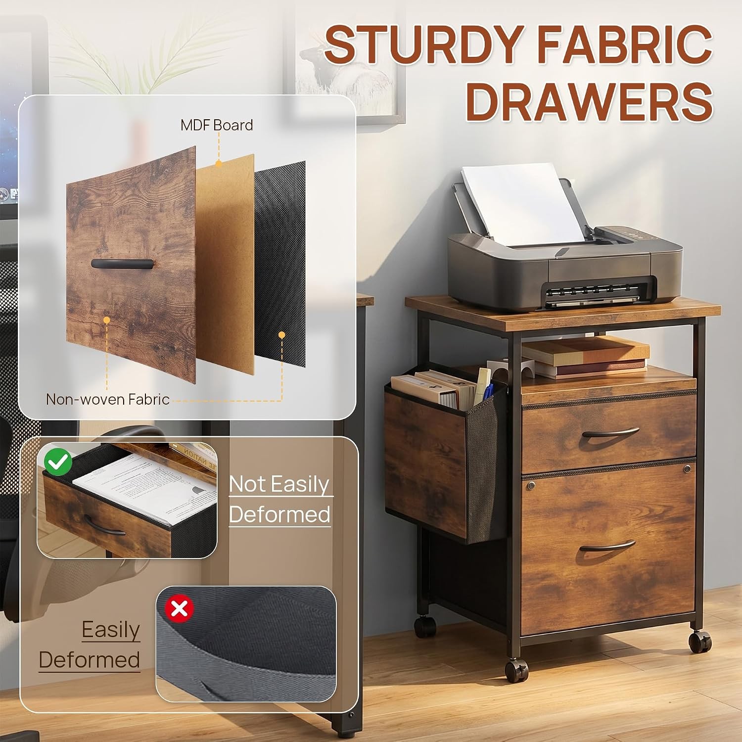 File Cabinets for Home Office, Small Printer Stand with Storage, Rolling Filing