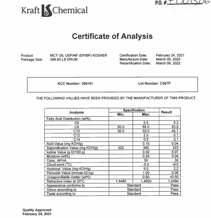 Benzyl Benzoate USP/NF -128oz +MCT Oil USP/NF (EP/BP) FCC KOSHER 128oz