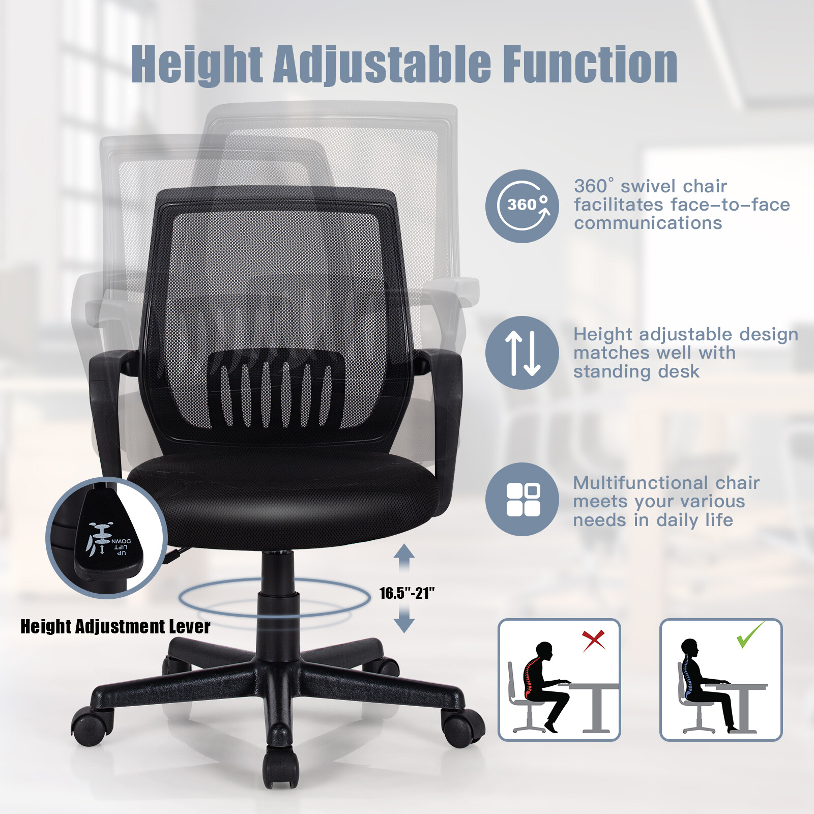Costway Mid-Back Mesh Chair Height Adjustable Executive Home Office Chair Black