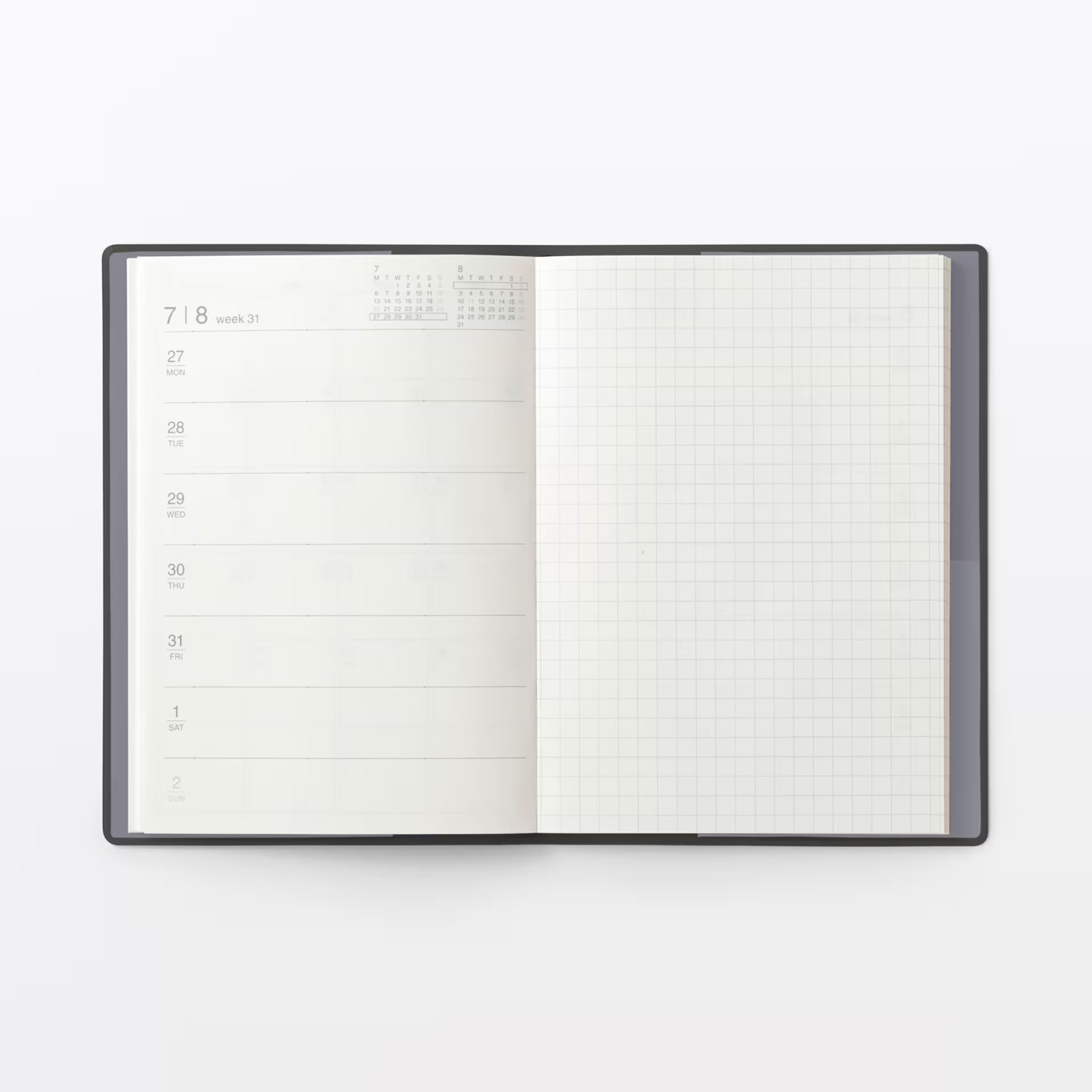 Muji 2026 August Start Monthly Weekly Planner Dark-Grey A6/B6/A5/B5