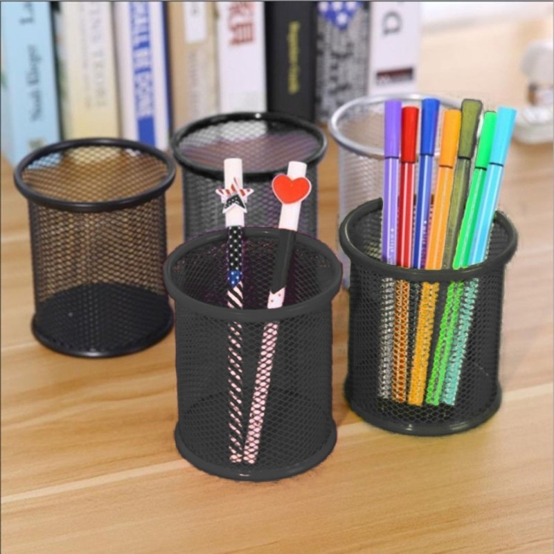 Metal Mesh Round Pen Pot Case Pencil Holder Durable Pencil Case Container Black