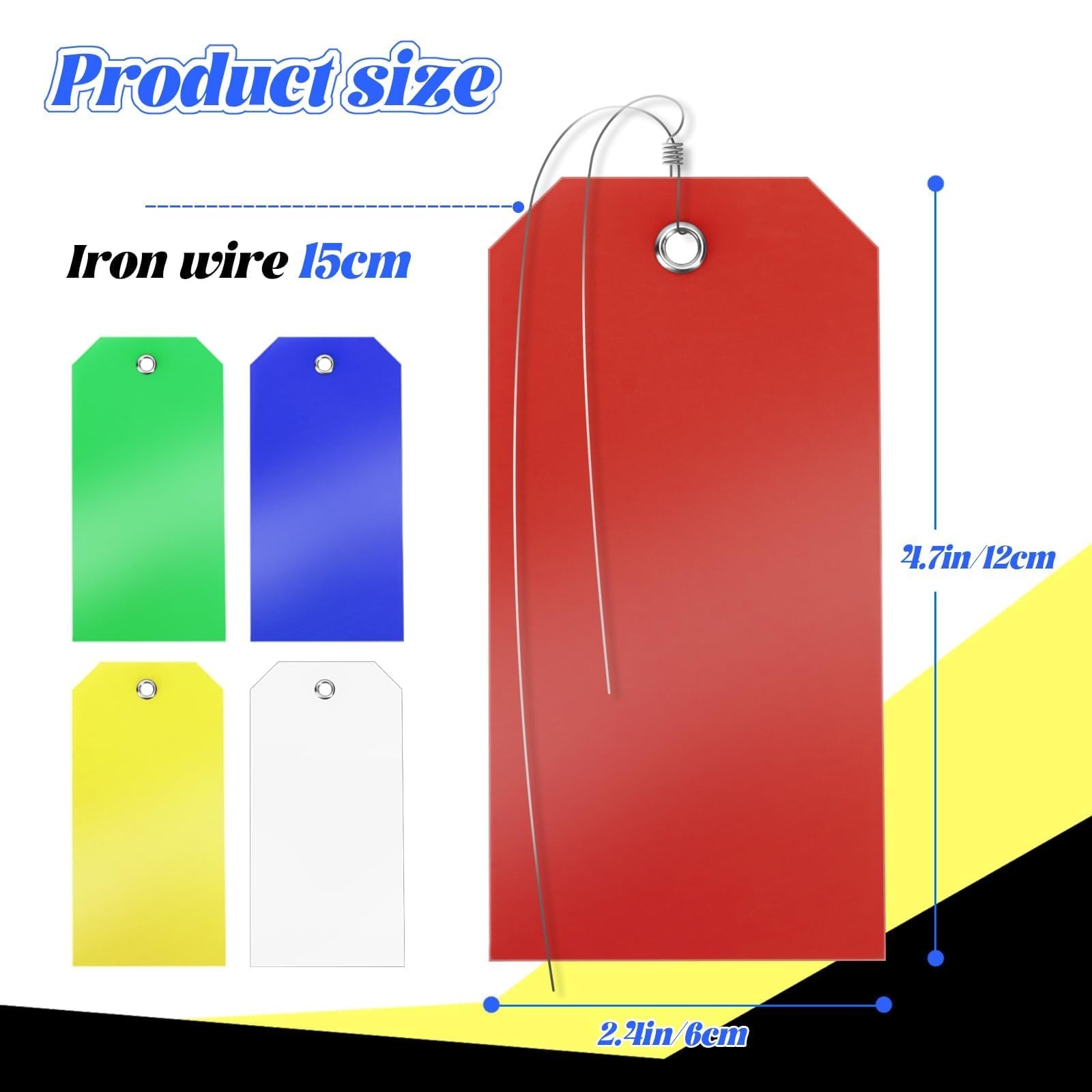 100 Pcs Plastic Tags with Wire 4.72 x 2.36 inch, Red Yellow Blue Green White