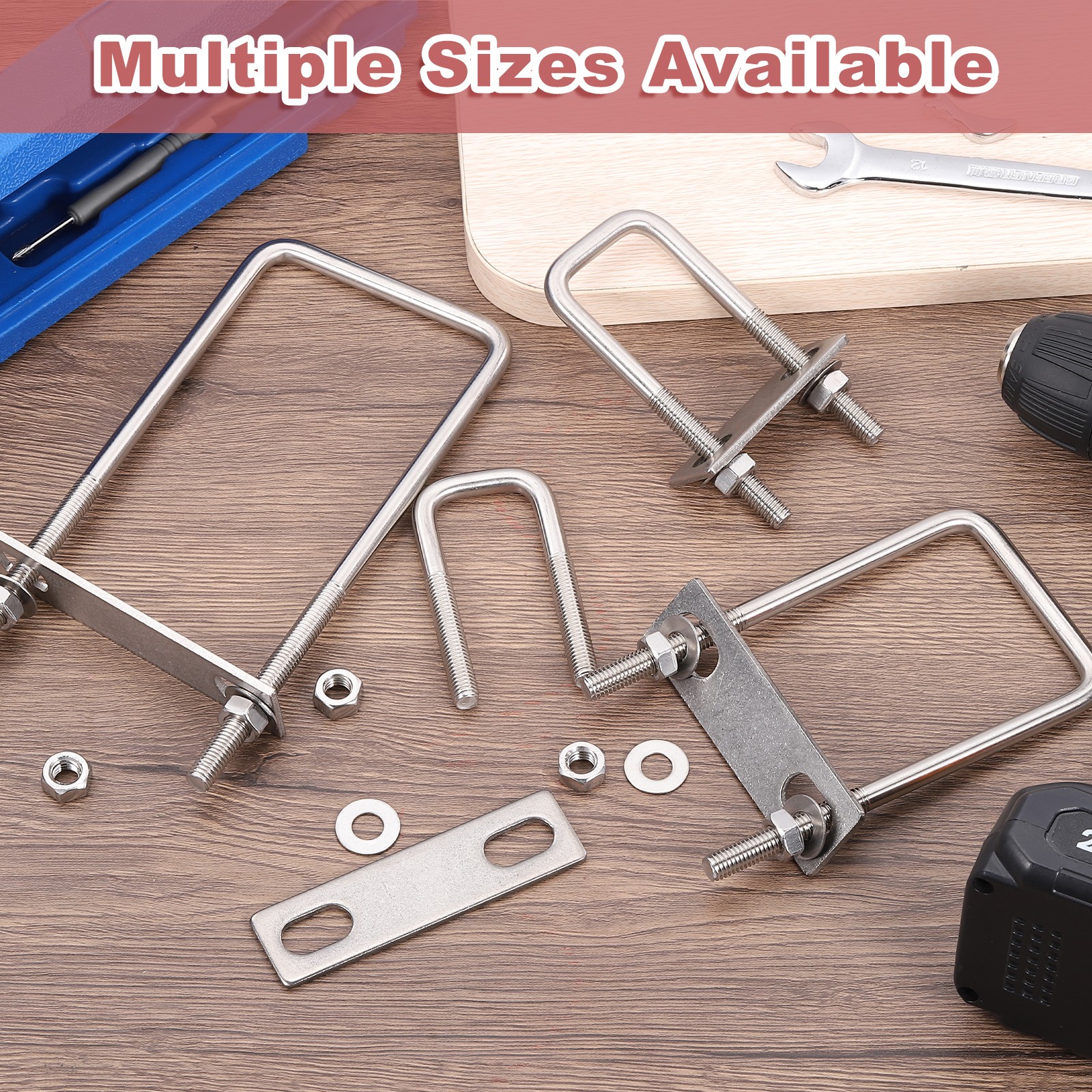 4 Sets 304 Stainless Steel Square U-Bolts 1.37″ Inner Width 3.35″ Length M8