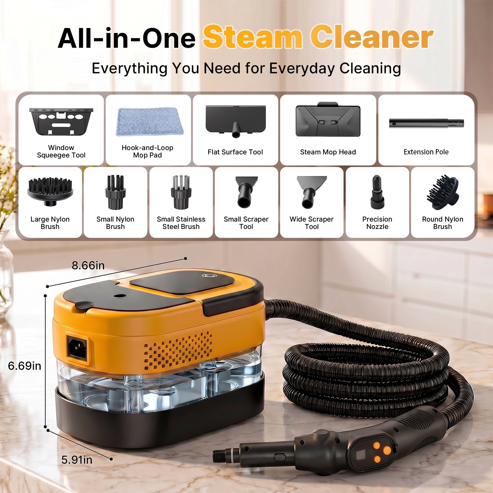Handheld 2500W Steam Cleaner 10s fast heat-up 3-level steam 1.6L tank 17 attachm