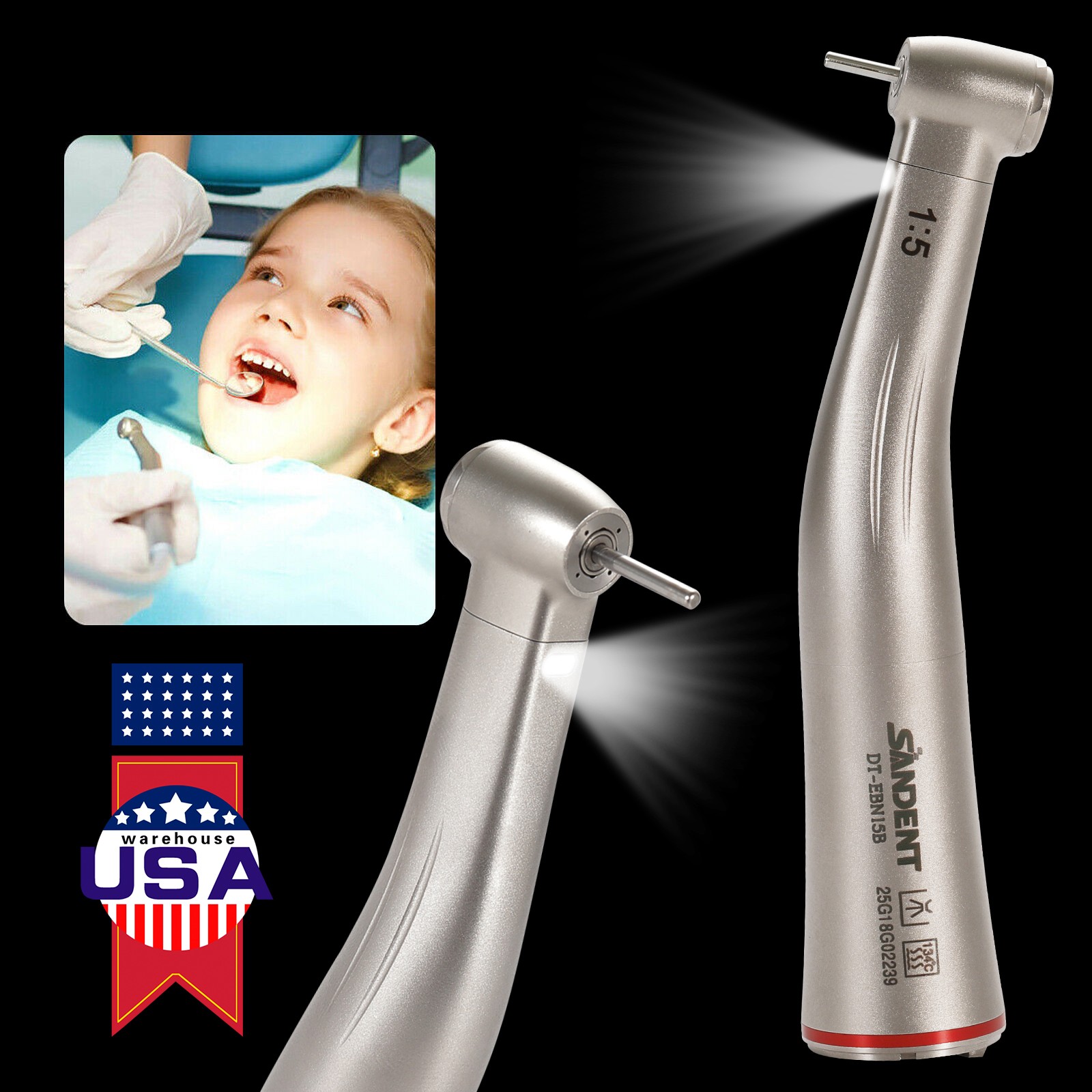 Dental 1:5 Contra Angle Fiber Optic LED Low Speed Handpiece Standard Head