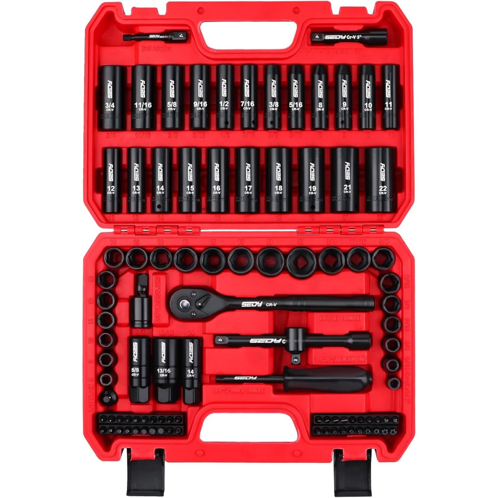 96-Piece 3/8 Drive Impact Socket Wrench and Bit Set, SAE 5/16”-3/4” Metric 8