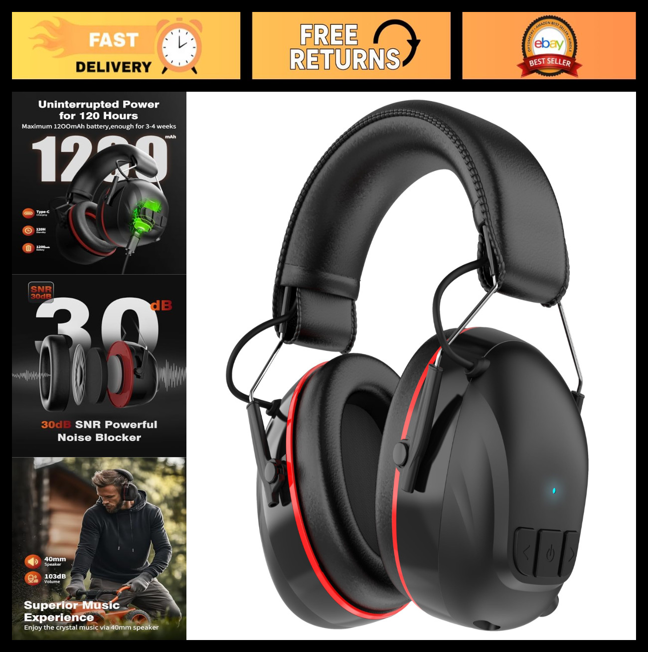 Bluetooth Hearing Protection Headphones, 120H Battery Life, 30dB SNR, Stereo Sou