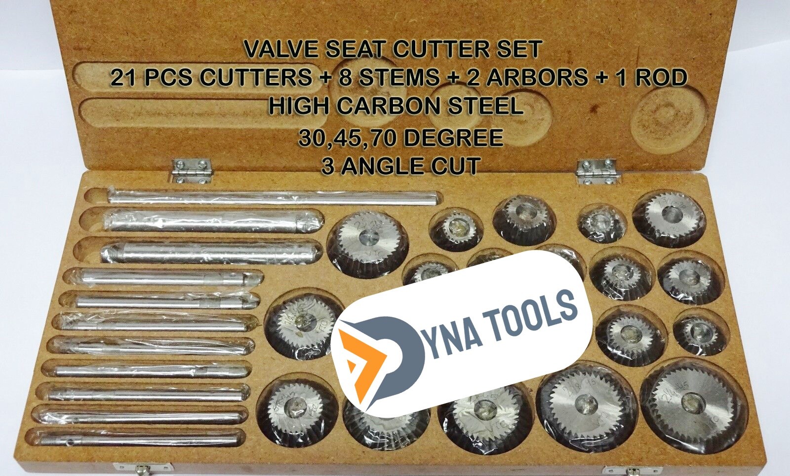 HIGH CARBON STEEL VALVE SEAT CUTTER SET 21 CUTTERS + 8 STEMS+2 ARBOR +2 RODS