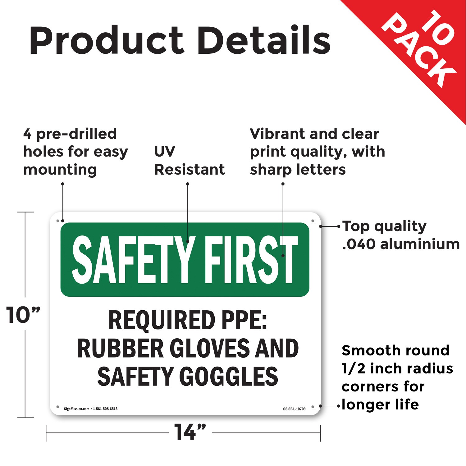 Required PPE Rubber Gloves And Safety Goggles OSHA SAFETY FIRST Sign 5/10 Pack