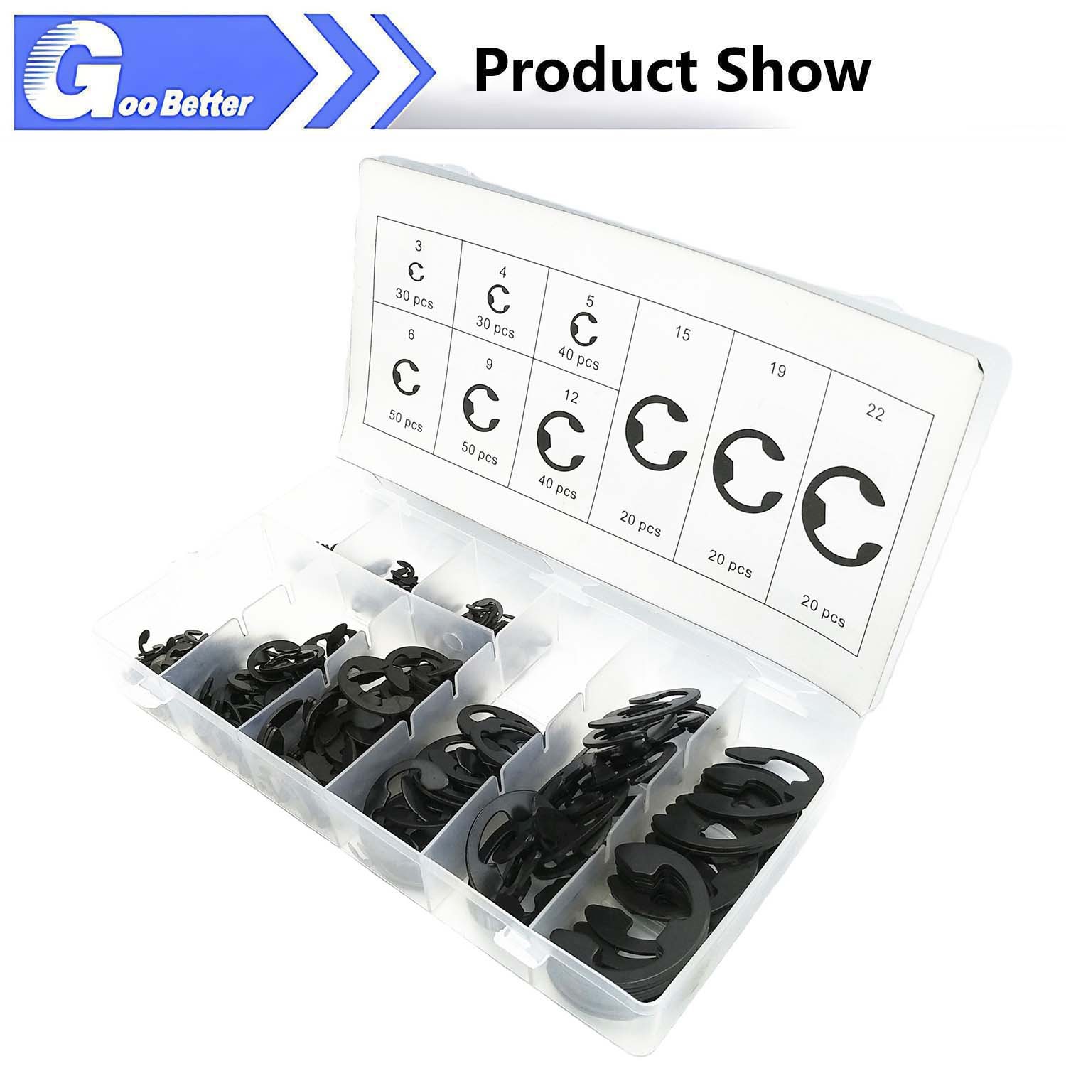 300 Pcs E-Clip Assortment Set Heat Treated High Carbon Circlip Kit 9 SAE Sizes