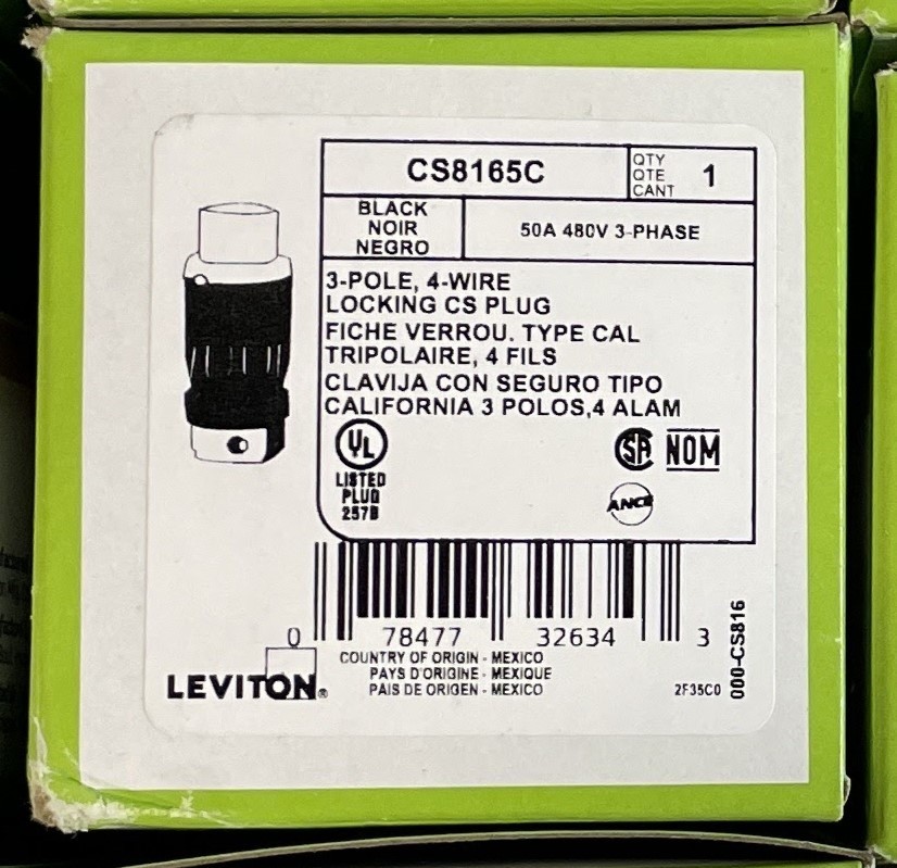 Leviton CS8165C 50 Amp, 480 Volt, Black & White Locking Plug, Industrial Grade