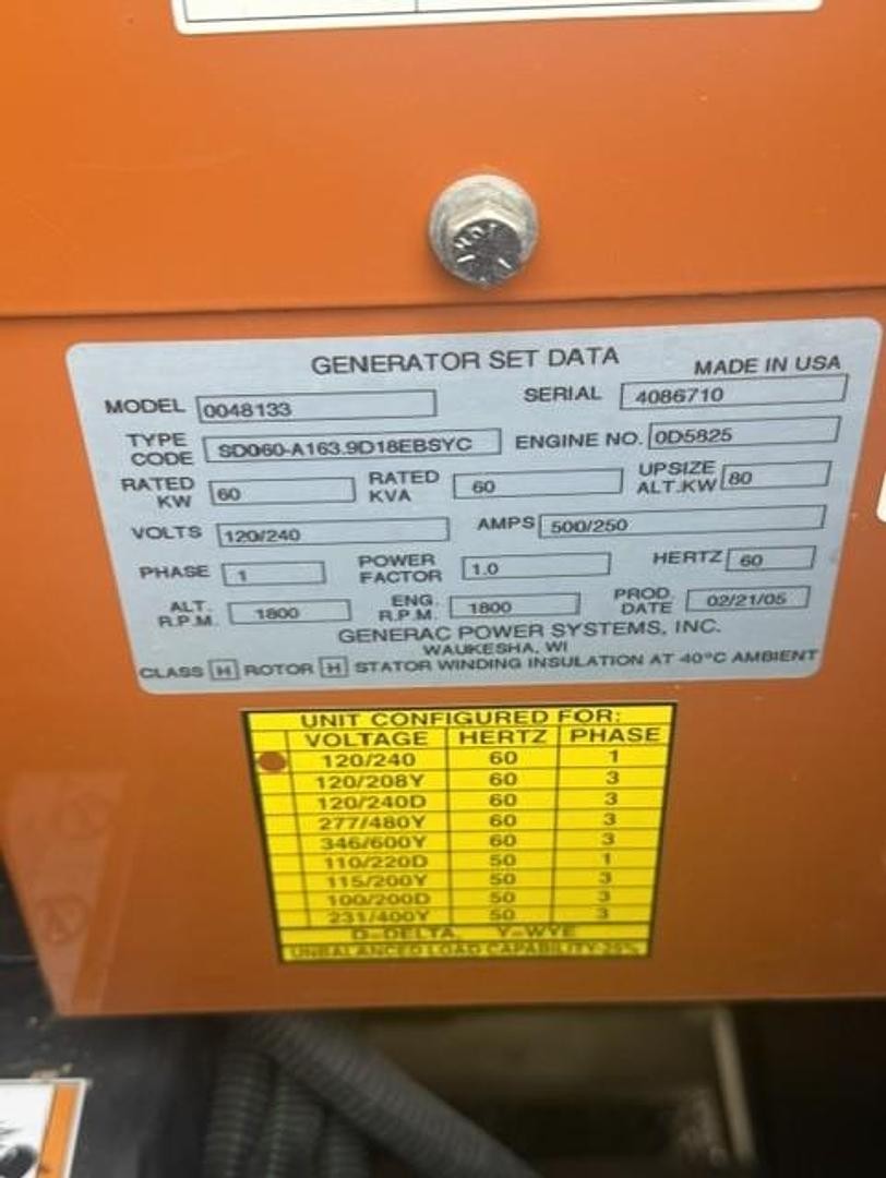 60 KW DIESEL GENERATOR GENERAC 120/240 VOLT ONLY 252 HRS SOUND ENCLOSED VIDEO