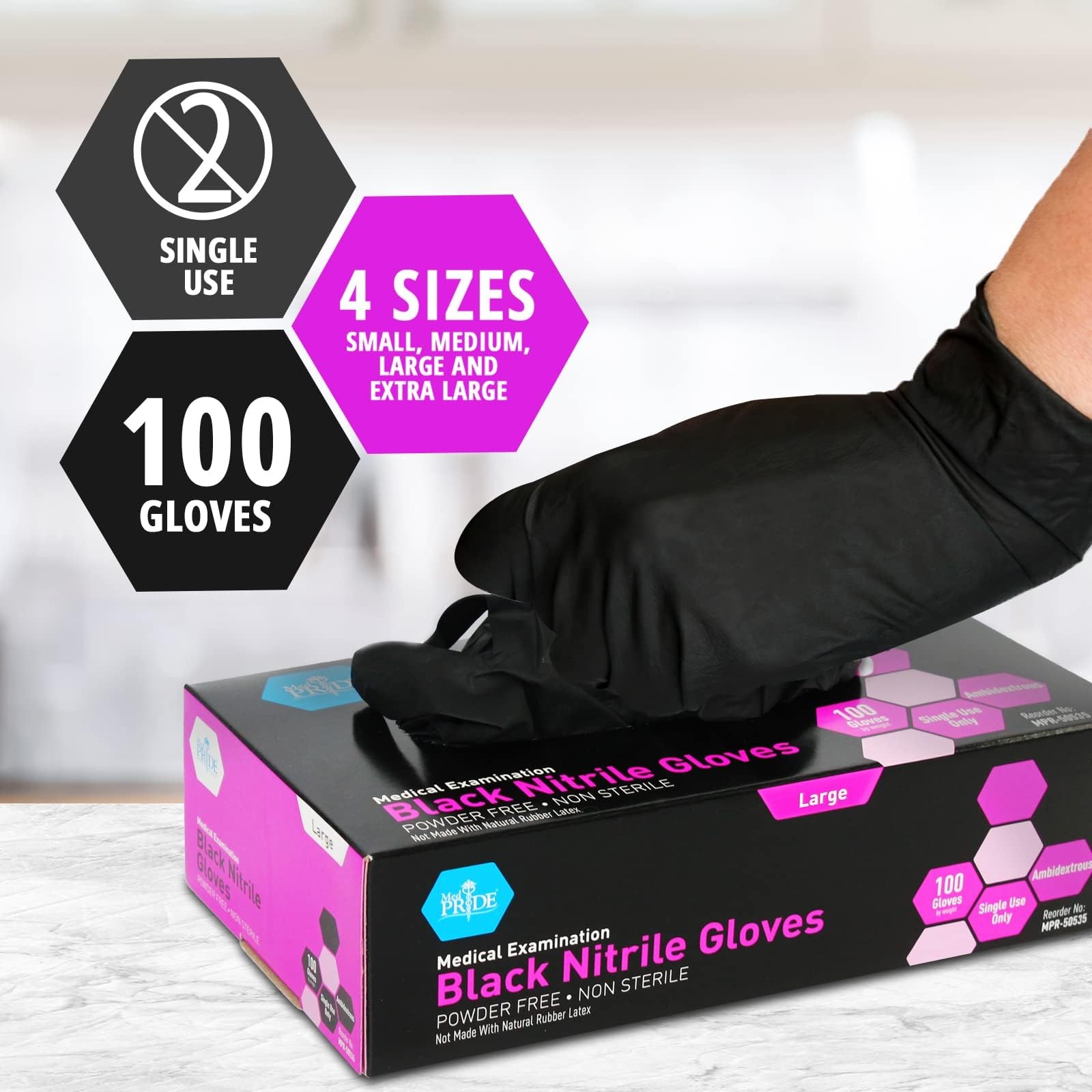 MED PRIDE Black Nitrile Medical Examination Medium (Pack of 100), Box/100
