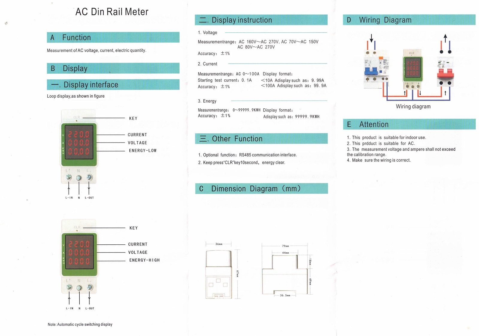 Monitor Watt Power KWH Din Rail AC 110V 220V 100A Voltmeter Electric Power Meter