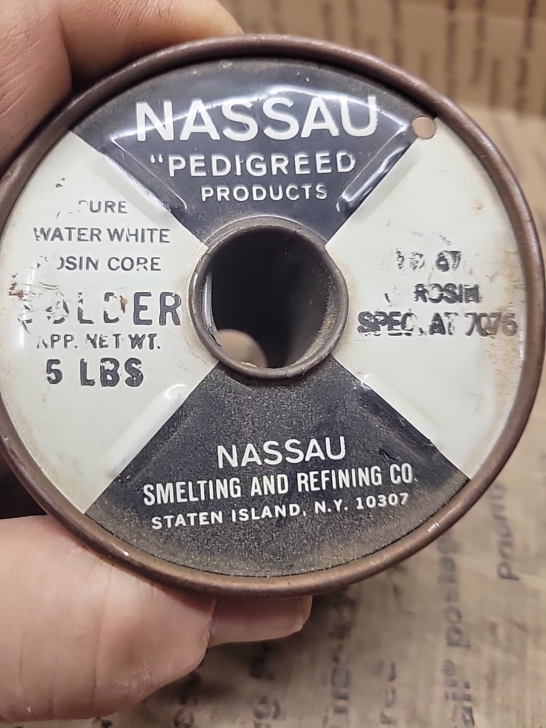Vintage Nassau Pure Water White Rosin Core Solder  Spec-7076 4lb. roll