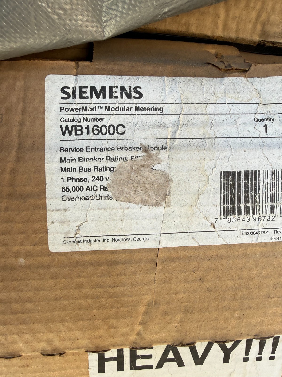 NEW SIEMENS WB1600C 600A Power Mod Main Breaker 1PH 120/240VAC 65kAIC N3R OH/UG