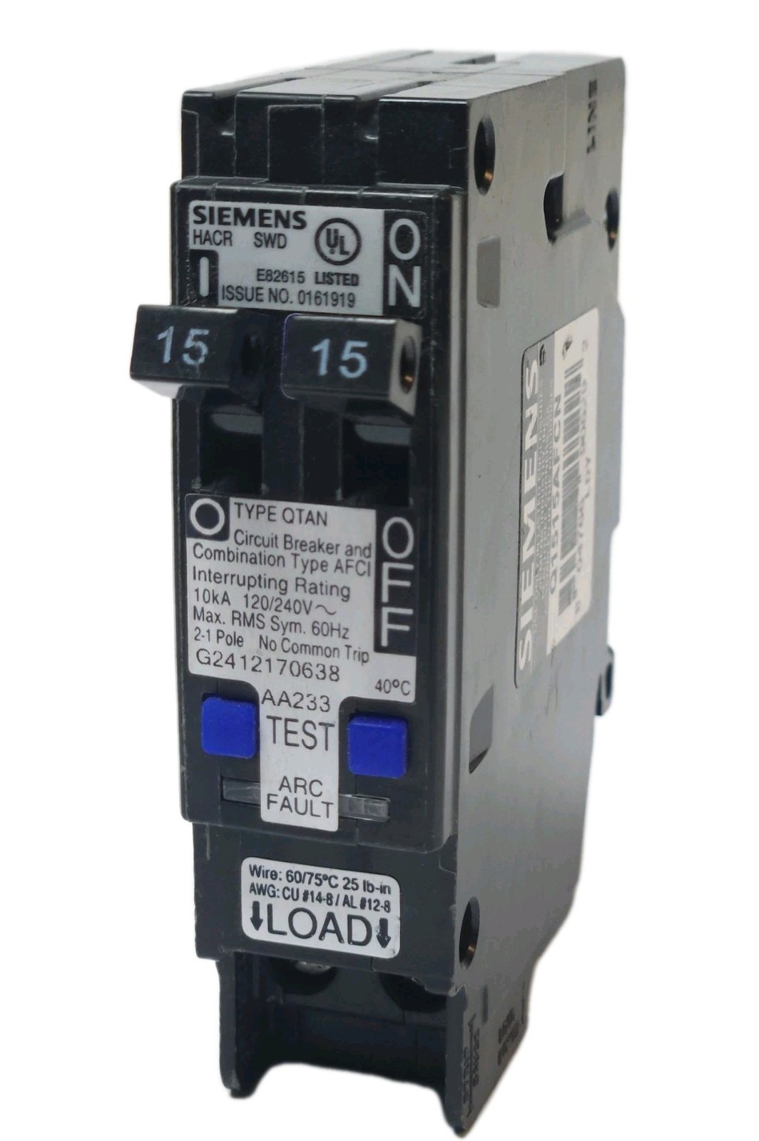 SIEMENS Q1515AFCN Tandem 15 AMP Duplex Type QTAN AFCI ARC Fault Circuit Breaker
