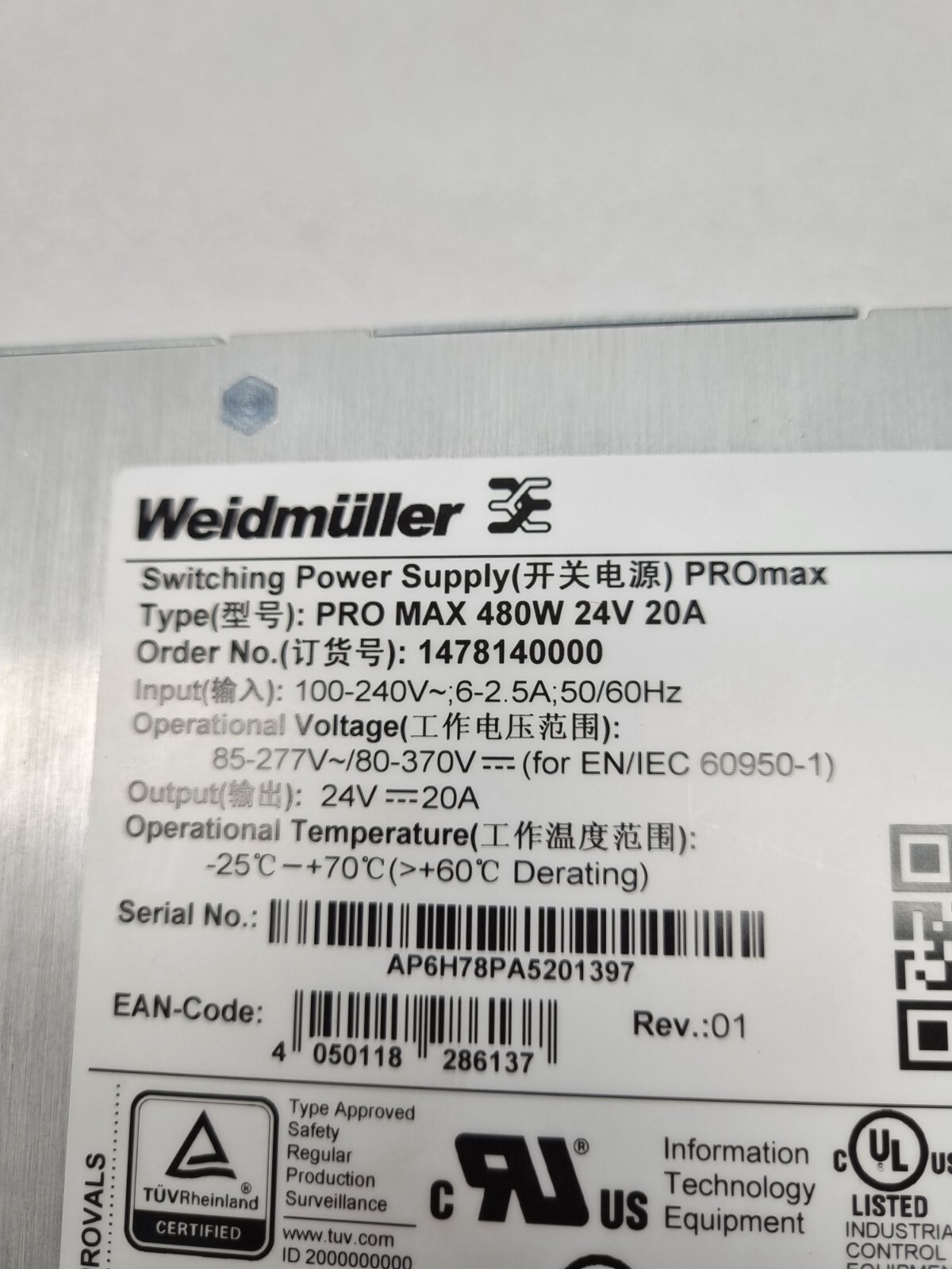 Weidmuller PRO MAX 480W 24V 20A Order No. 1478140000 Power Supply FREE FAST SHIP