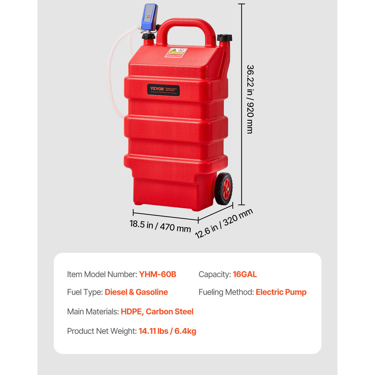 VEVOR Fuel Caddy 16 Gallon Portable Fuel Tank with 12V DC Electric Transfer Pump