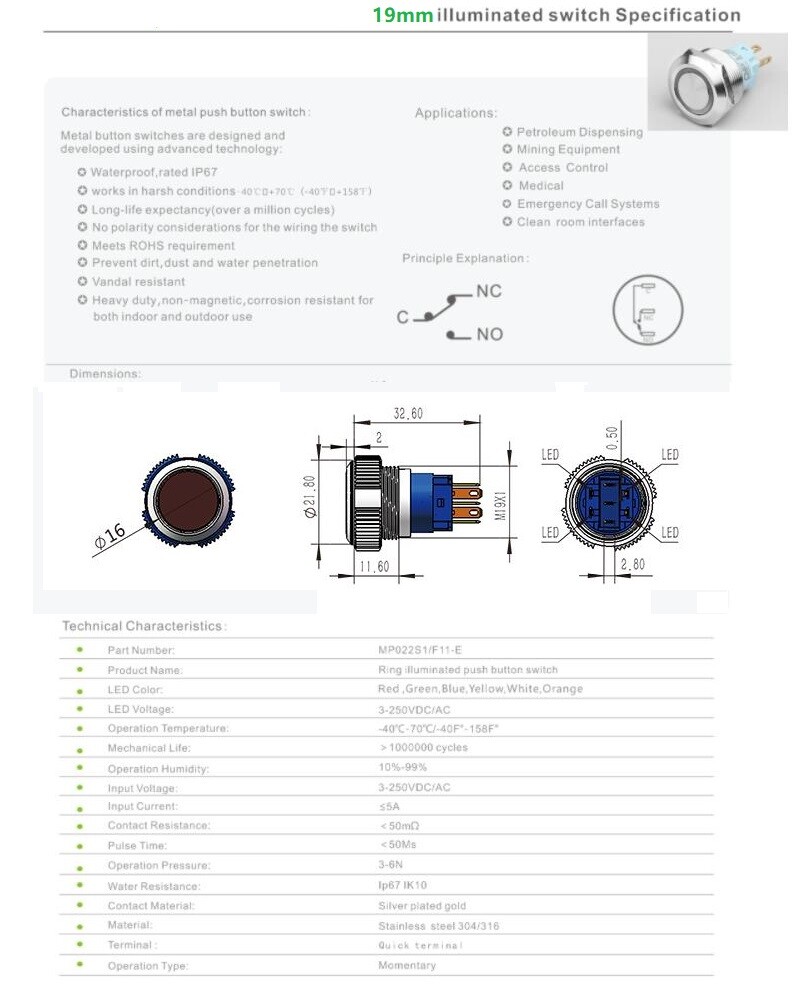 19mm Tri-color High Head+Ring LED 2NO2NC Stainless steel Anti-vandal Push button