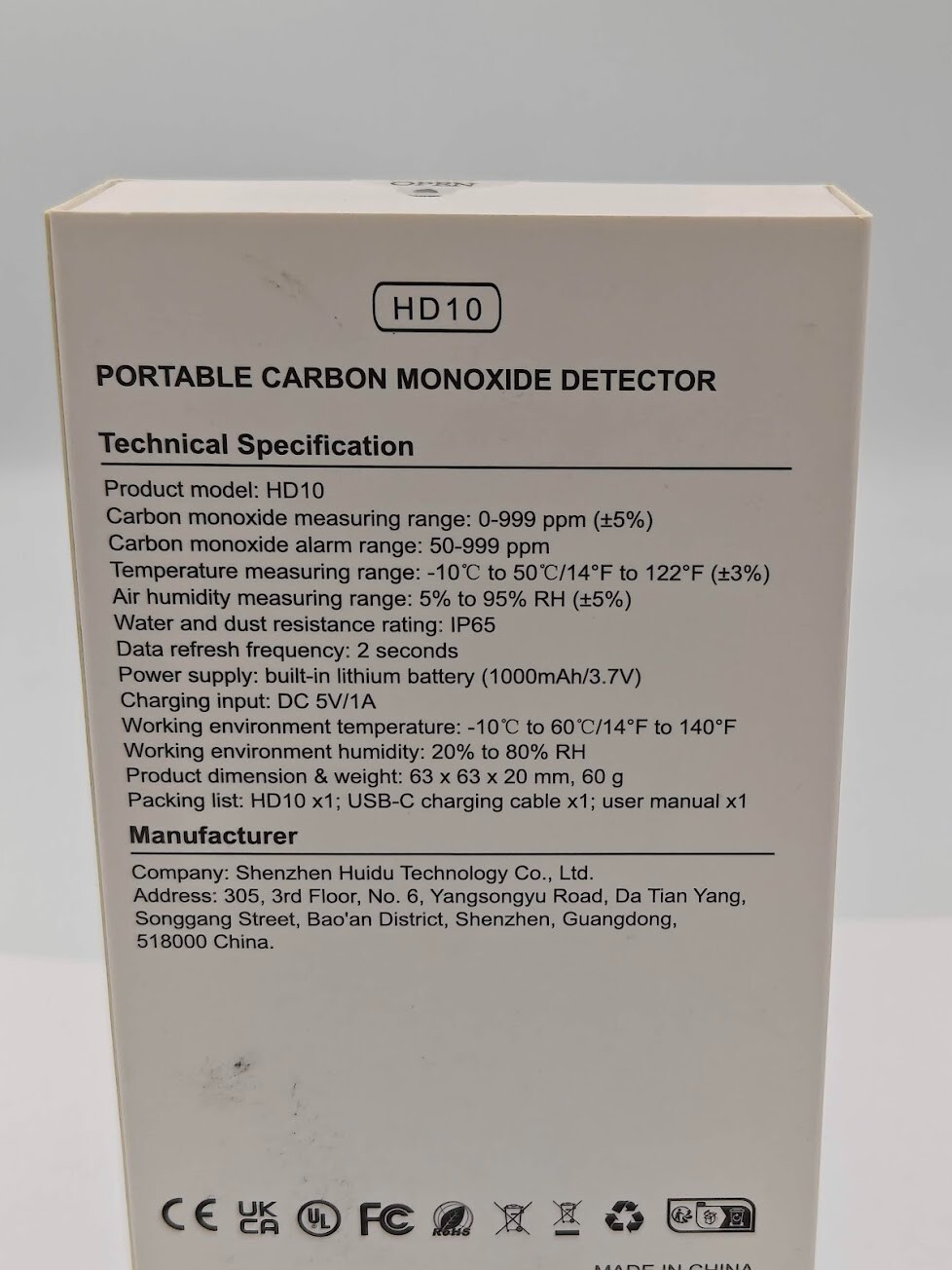 Carbon Monoxide Detector Indoor Air Quality Monitor HD10 Adjustable Brightness