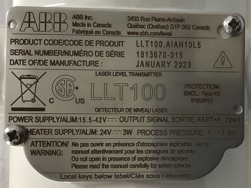 ABB LLT100.AIAH10L5 Laser Level Transmitter 2″ 15.5-42VDC (R45)