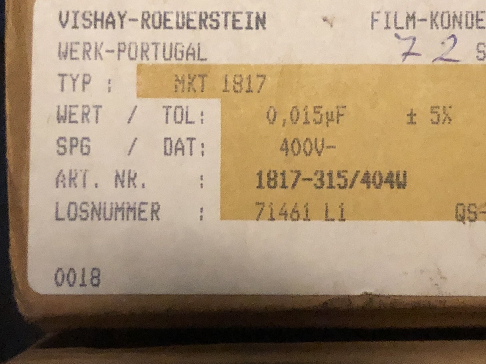 (25) Vishay 0.015uF 400V 5% J 400 Metallized Poly Film Capacitors .015 15nF