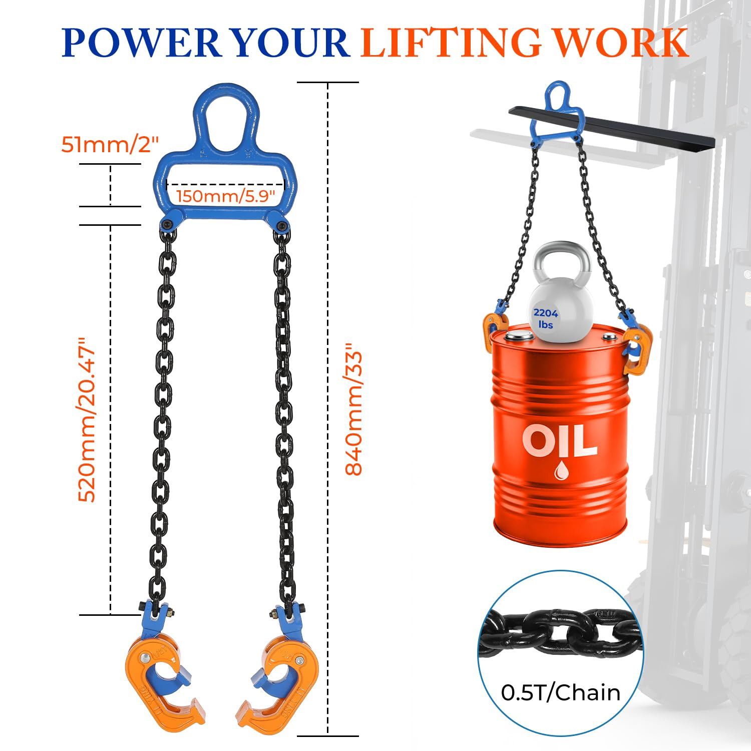 1 Ton Chain Drum Lifter with Carbon Steel Hook for 55 Gallon Drums