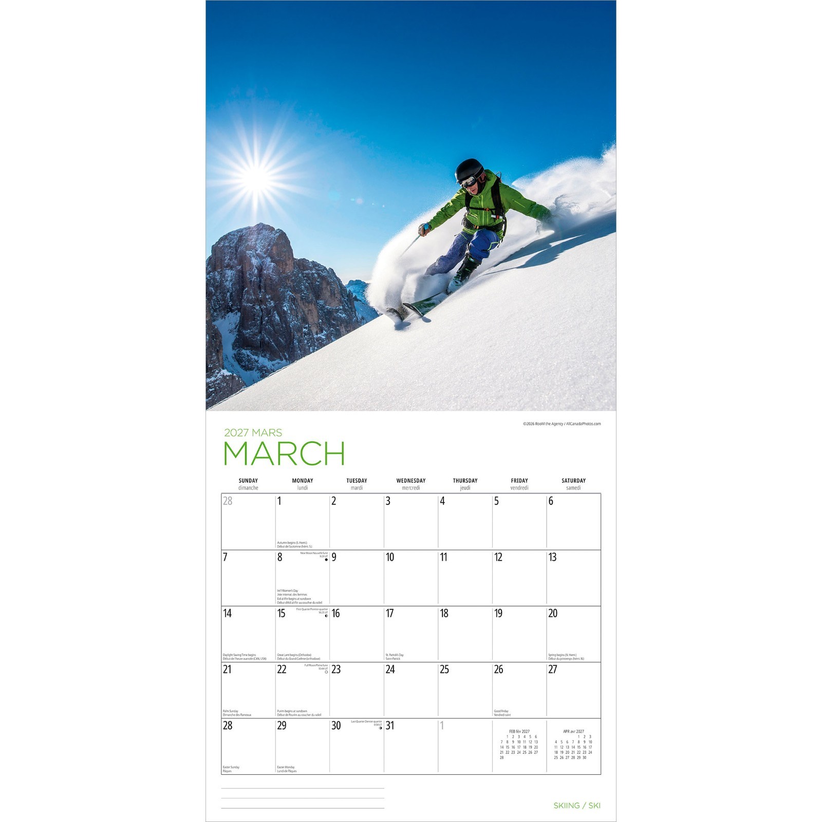 Skiing | 2027 12×24″ (Hanging) Monthly Square Wall Calendar