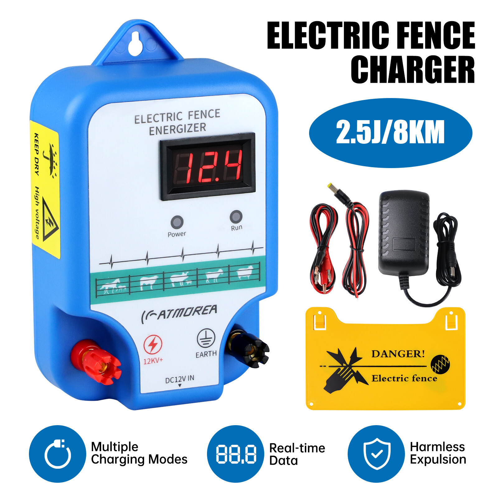 AC Powered Fence Charger LCD Display 2.5J Electric Fence Energizer for Livestock