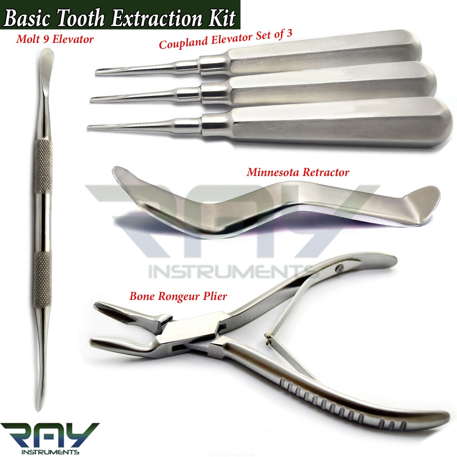Dental Basic Tooth Extraction Kit Luxation Coupland Elevators Rongeur Forceps