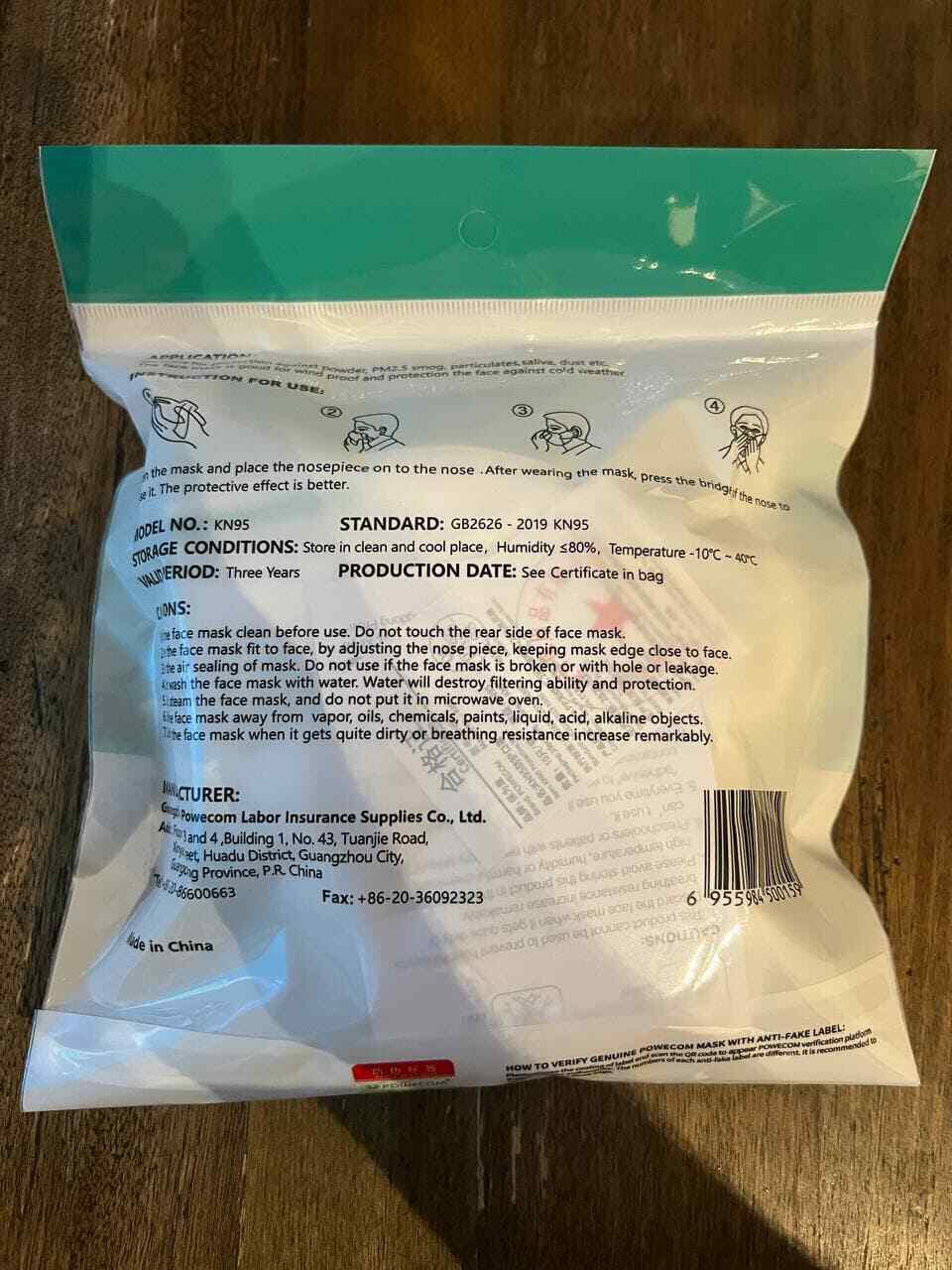 [50 PACK] Powecom KN95 Protective Face Mask BFE 95% PM2.5 Disposable Respirator