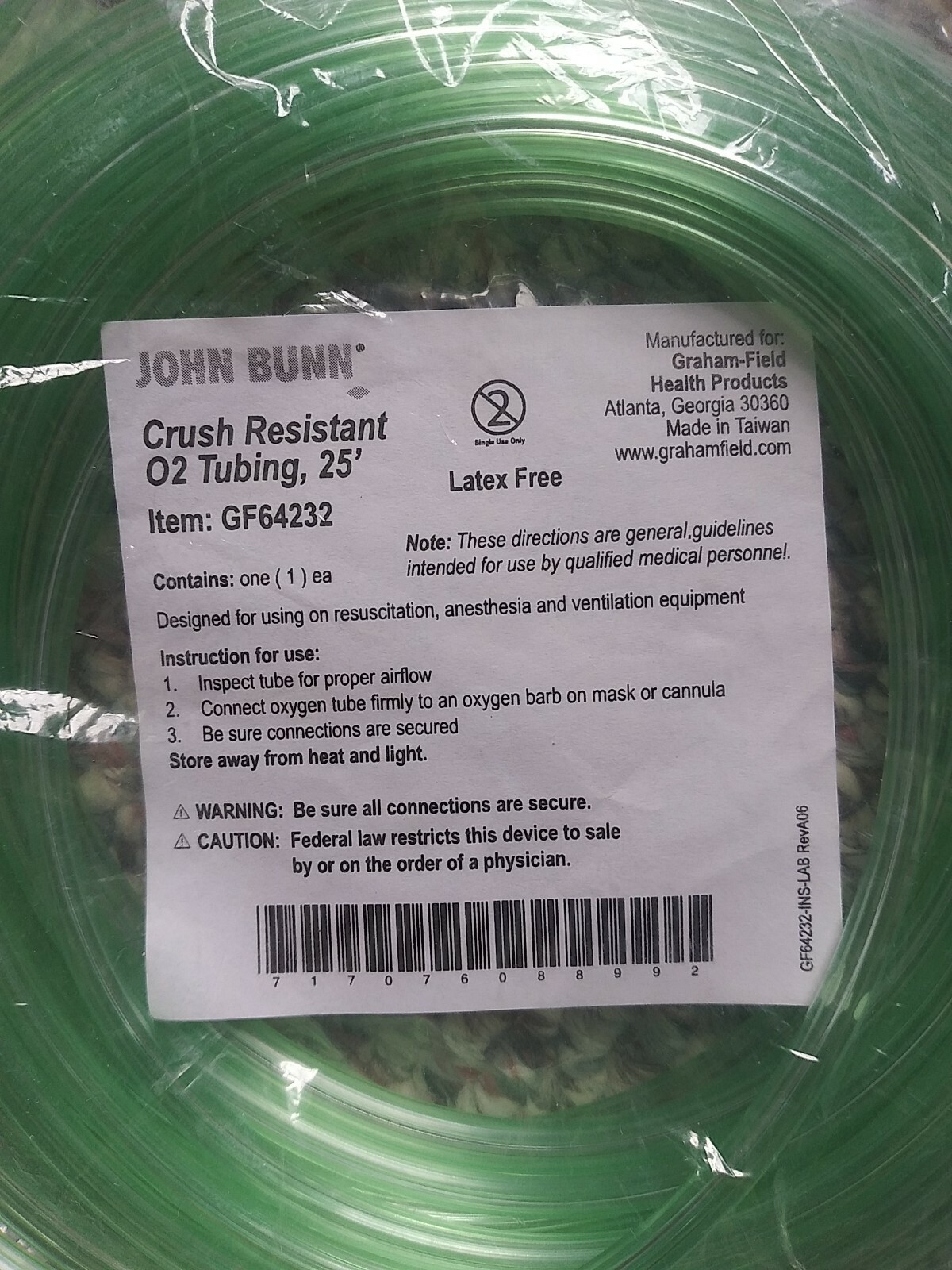 John Bunn Crush Resistant O2 Tubing, 25′ Item: GF64232 717076088992 Latex-Free