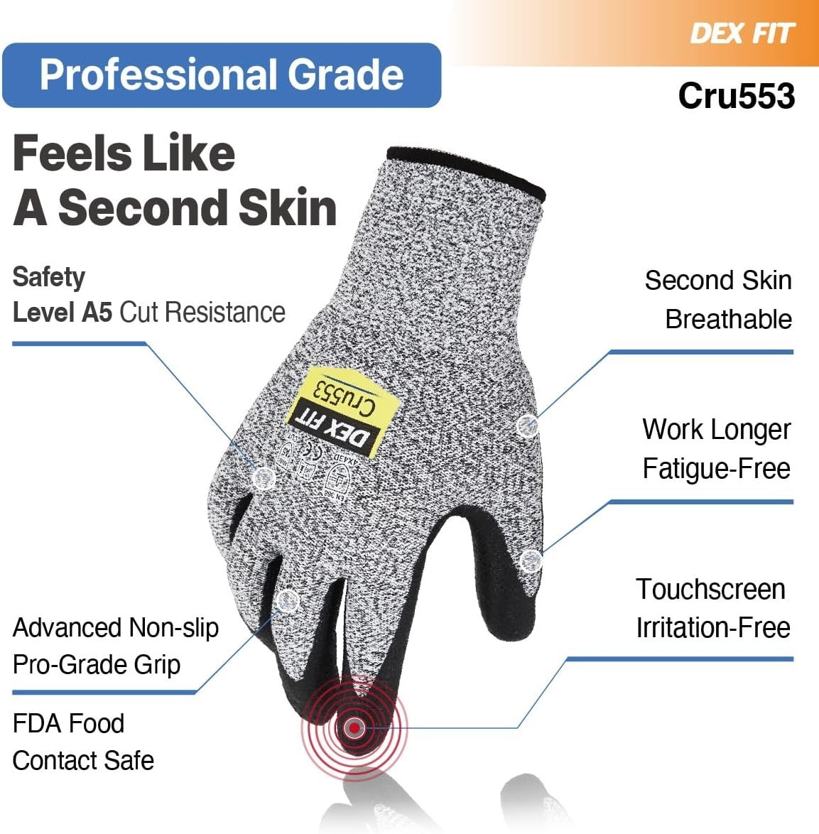 Level 5 Cut Resistant Gloves Cru553, 3D-Comfort Fit, Firm Grip, Thin & Lightw…