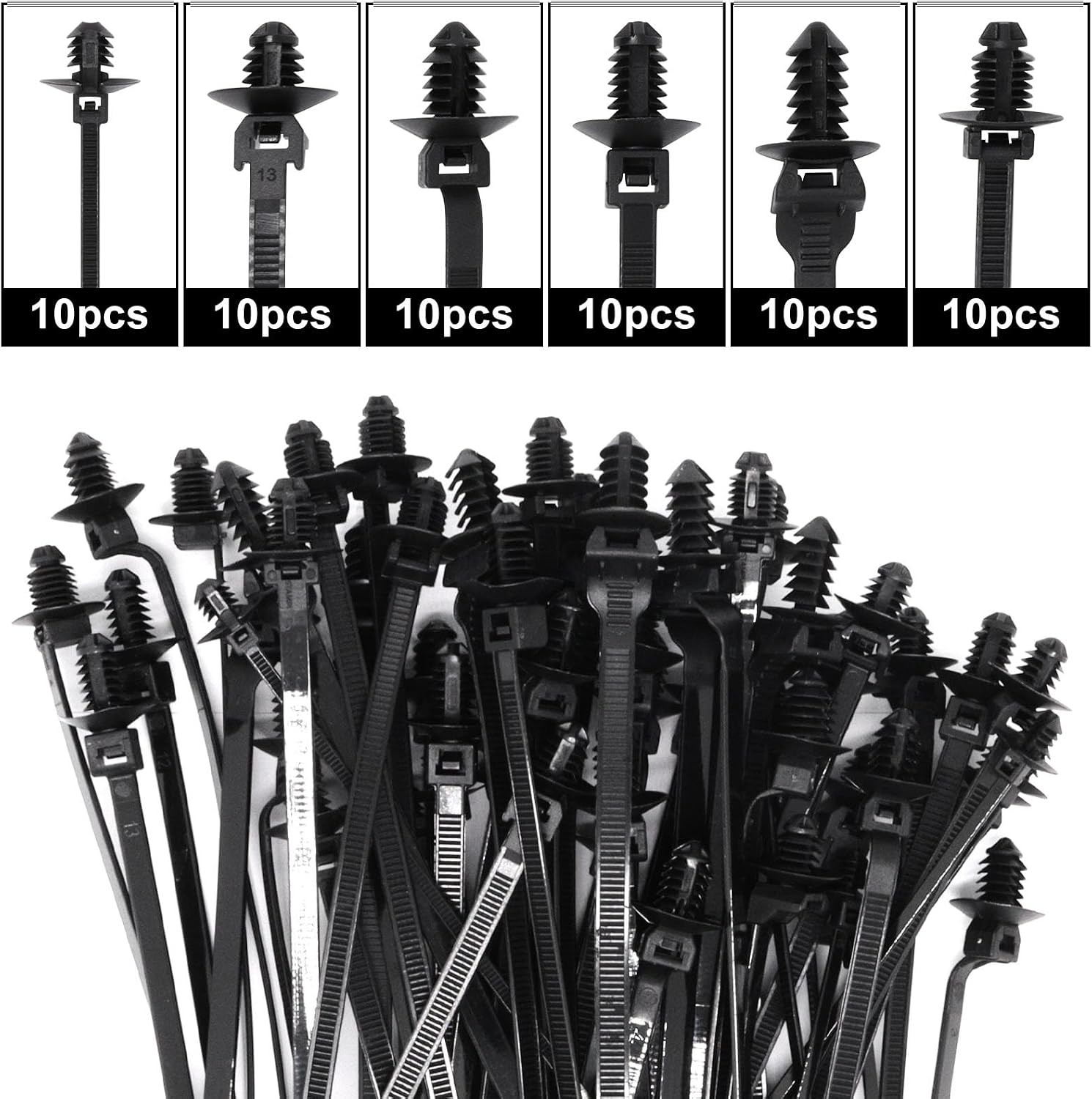 60PCS Push Mount Zip Ties Nylon Automotive Cable Ties Wire Harness Clips 6 Types