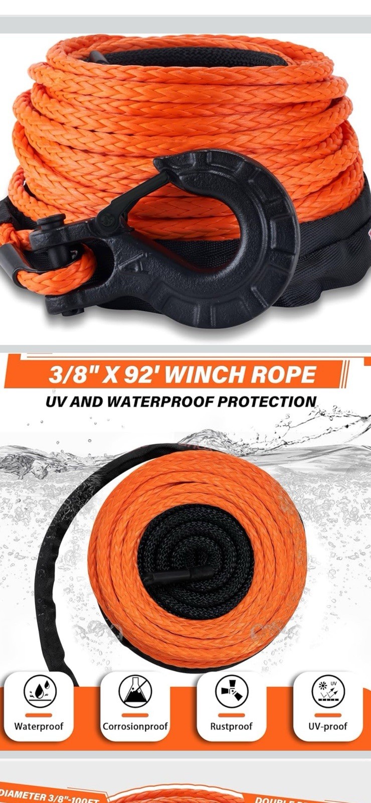TYT Synthetic Winch Rope 3/8″ X 92′ with Hook, 27000LBS Synthentic Winch Cabl…