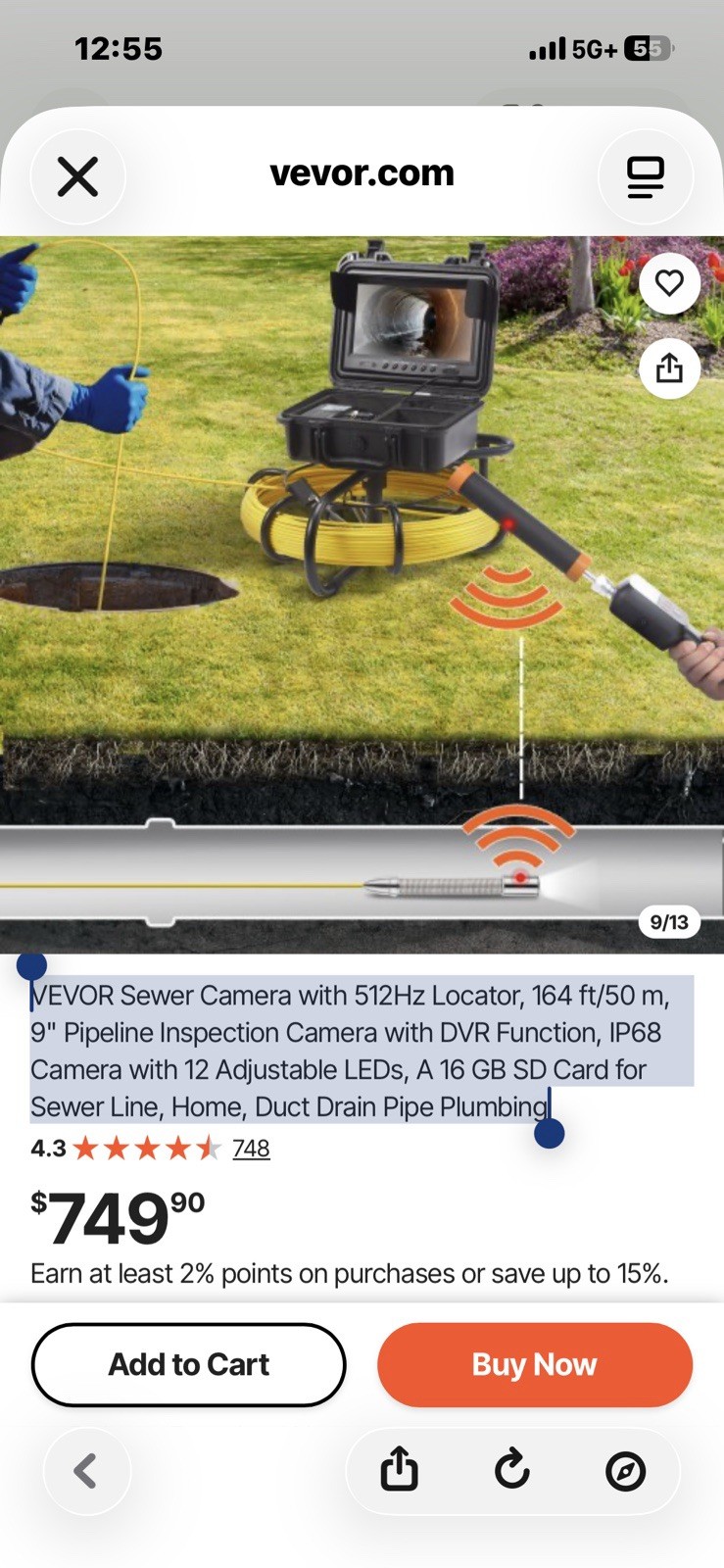 VEVOR Sewer Camera 164ft/50m 512Hz Locator 720P LCD DVR IP68 12 LED