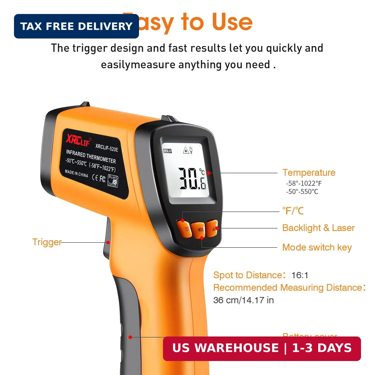 Laser Thermometer Infrared Temp Gun with Self Calibration -58°F to 1022°F (-50°C
