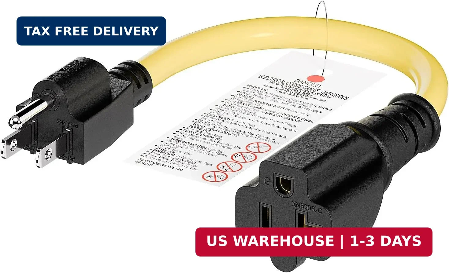 1-Foot 15 Amp Household AC Plug to 20 Amp T Blade Adapter Cable， Nema 5-15P to 5