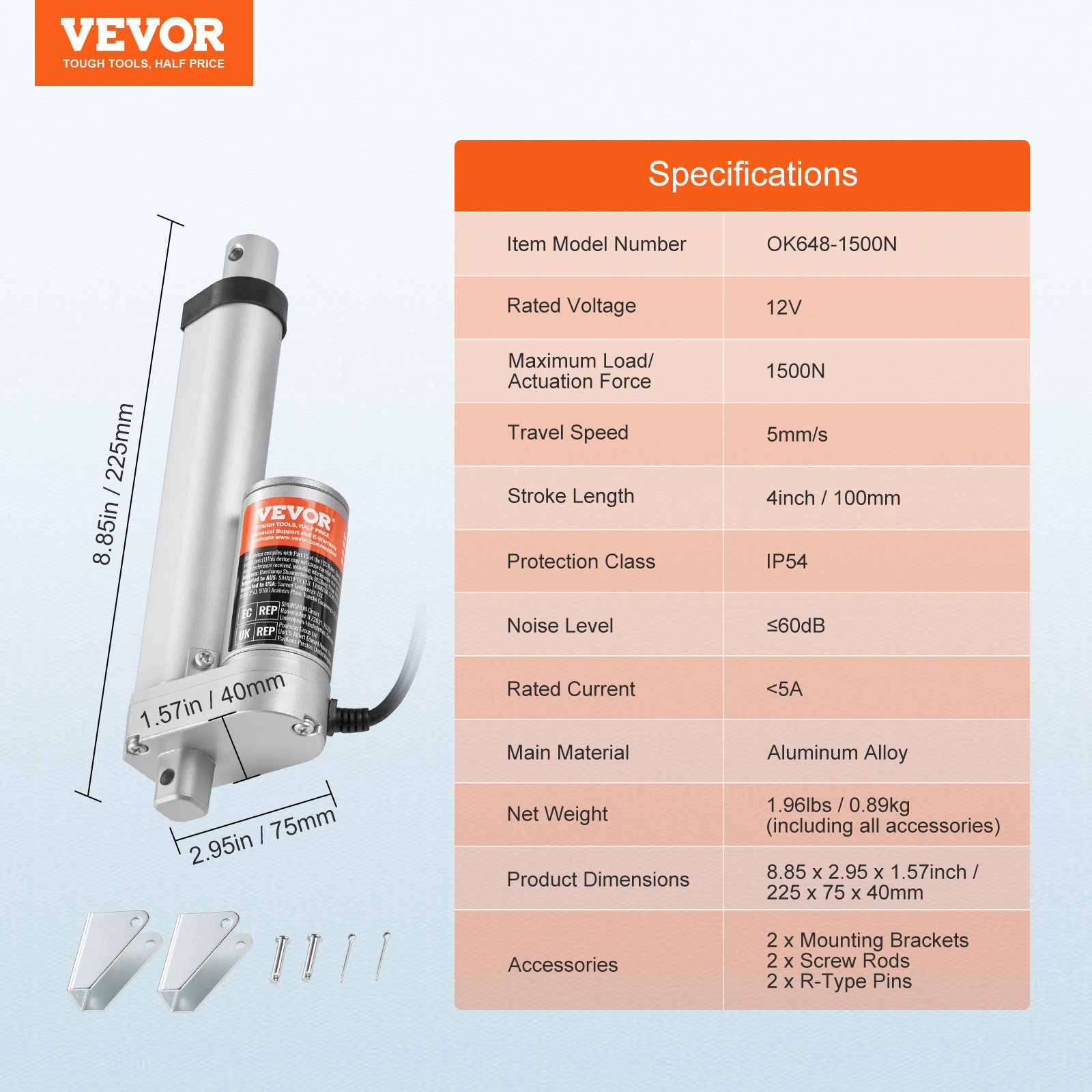 VEVOR Linear Actuator 12V 4 Inch High Load 330lbs/1500N 0.19″/s IP54 Protection