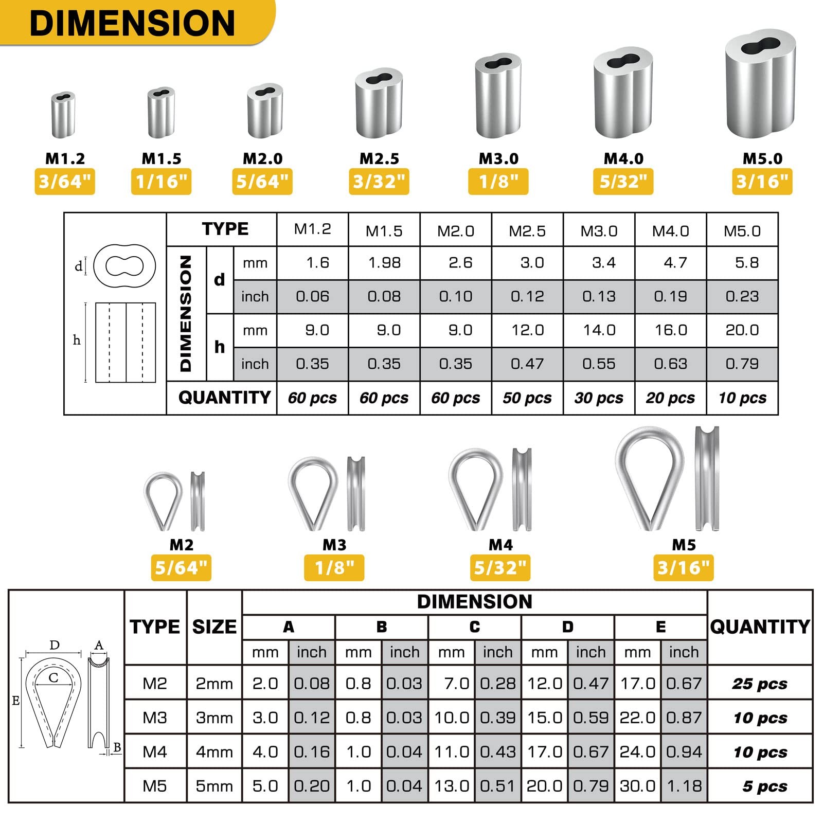 Sanuke 340PCS Stainless Steel Wire Rope Cable Thimbles 340pcs assortment kit