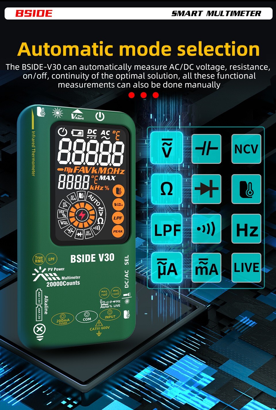 Photovoltaic Multimeter mV/uA IR Thermometer Test Pen TRMS Li-Battery Color LCD