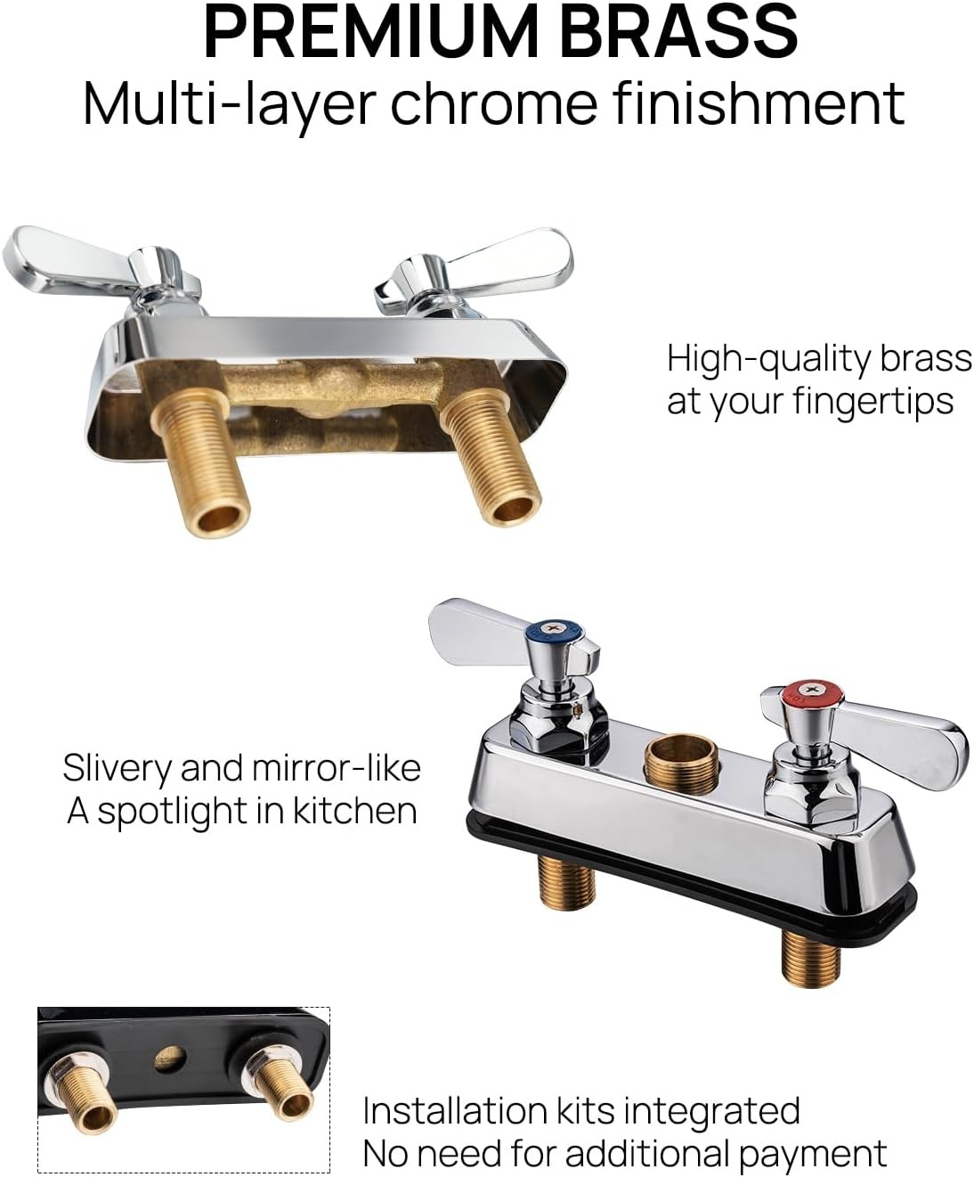 Commercial 4″ Center Deck-Mount Brass Kitchen Faucet with 3.5″ Gooseneck Spout