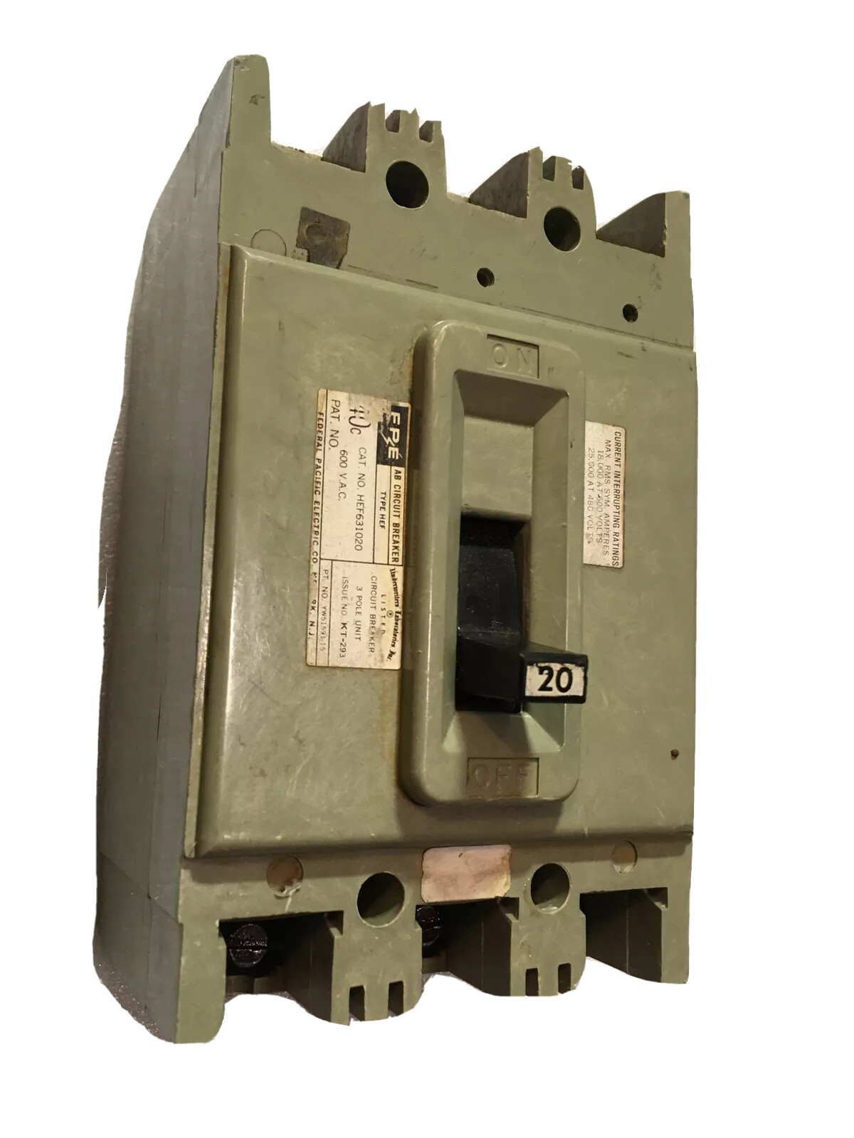 FEDERAL PACIFIC Electric HEF631020 20A 600V 3P CIRCUIT BREAKER WARRANTY