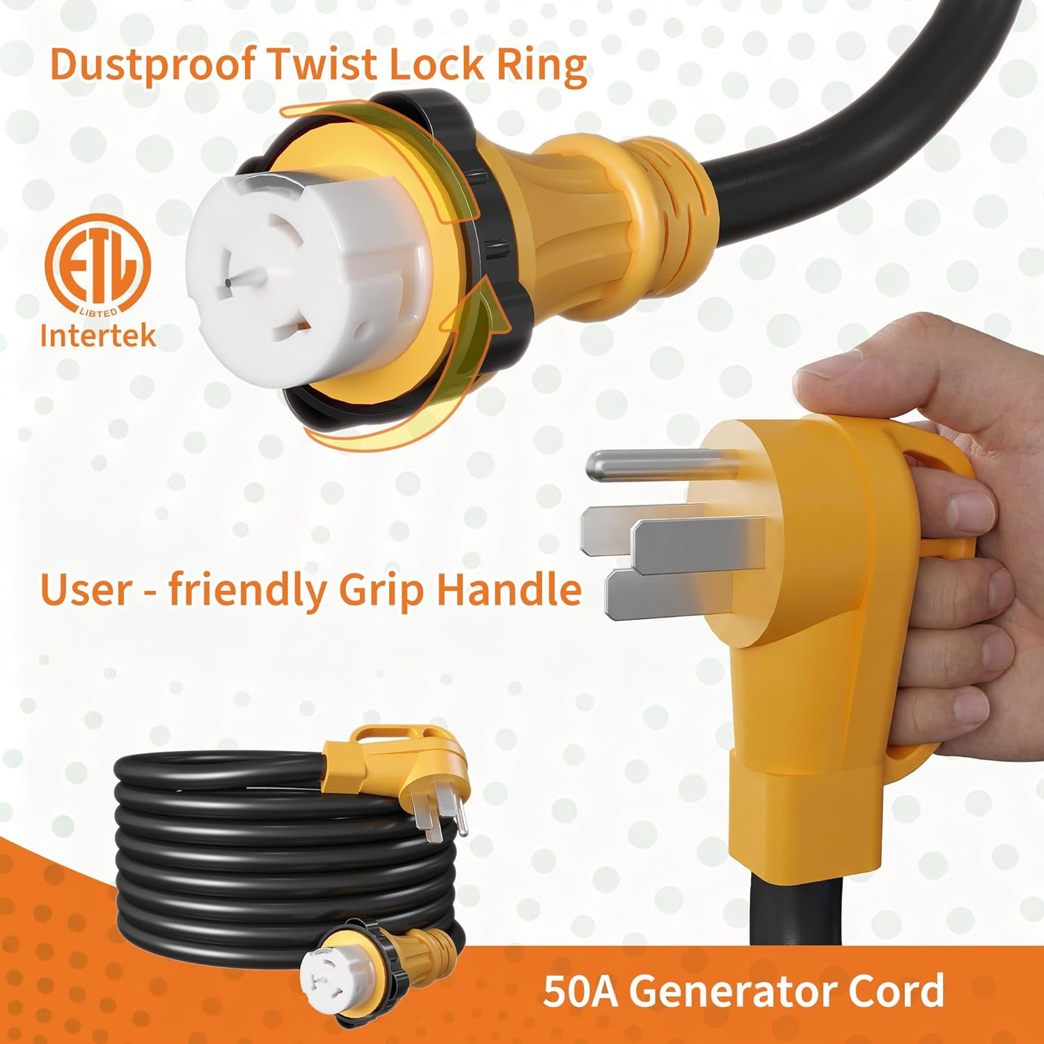 50FT 50 Amp Generator Cord & Inlet Box, NEMA 14-50P, ETL Listed