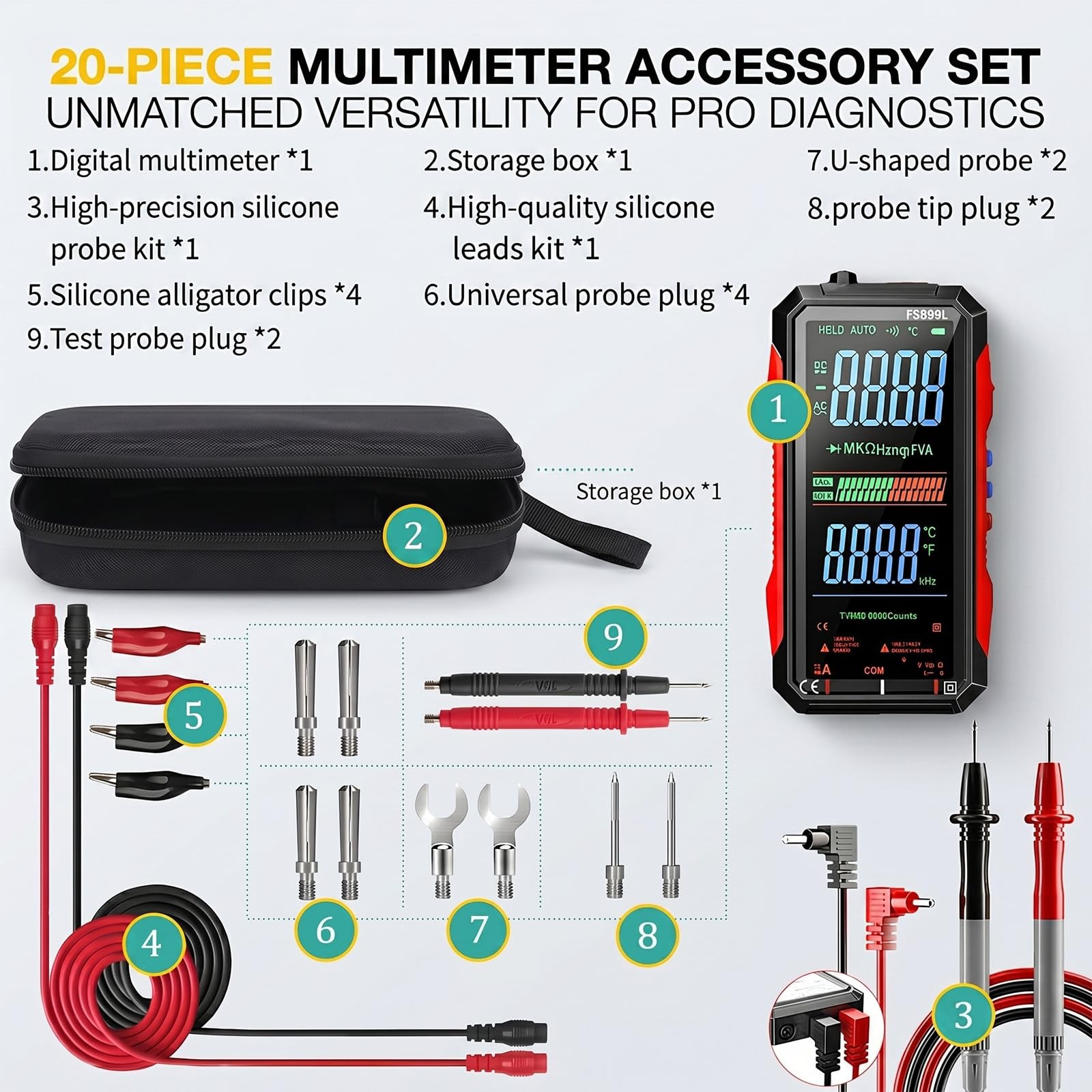 2026 Upgraded FS899L Digital Multimeter & 20 pcs Silicone Test Leads Kit, USB…