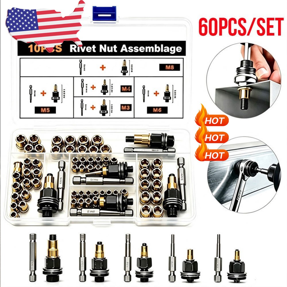 Upgrade Carbon Steel Rivet Nut Tool Set M3 M4 M5 M6 M8 | Durable Head Rivet Nut