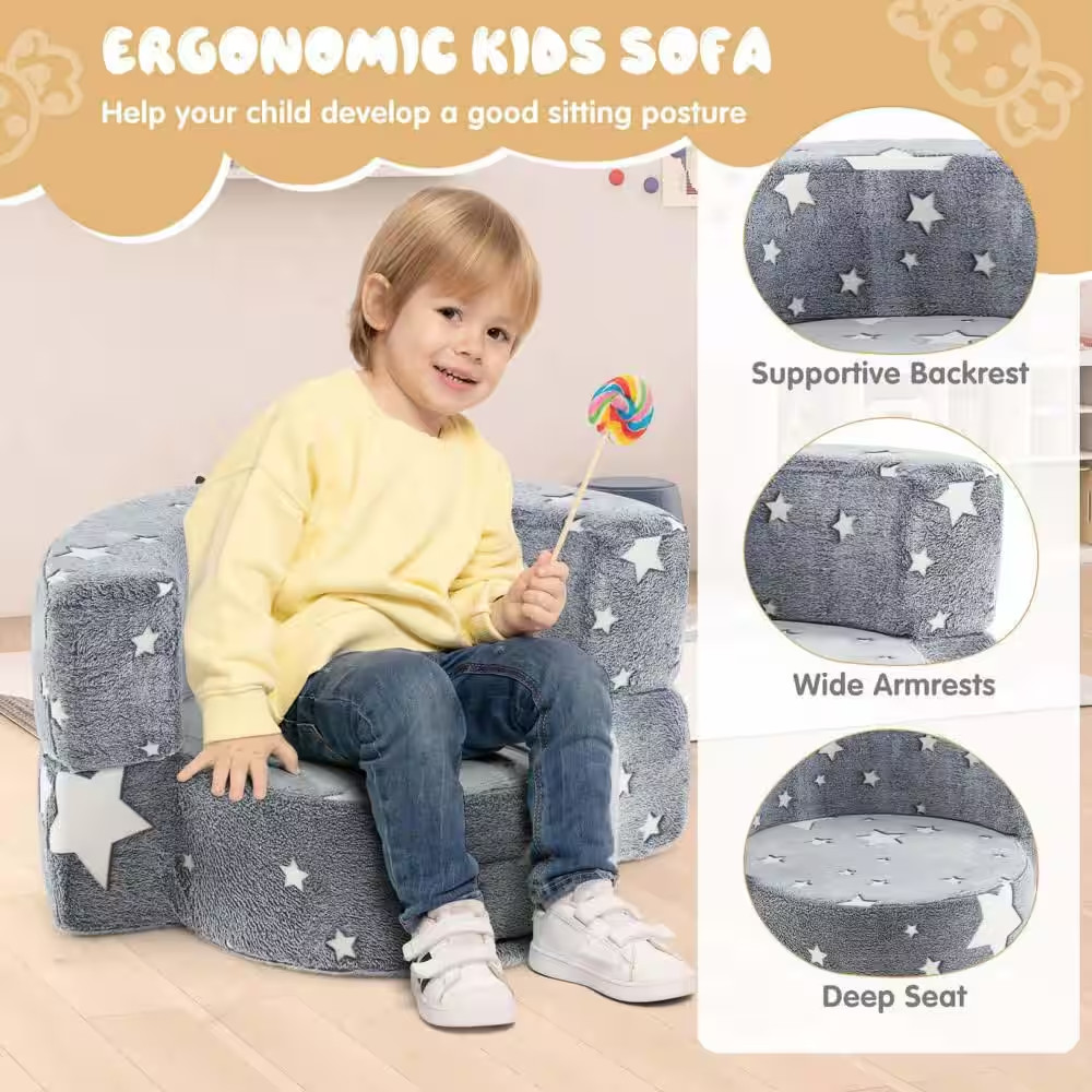 Gray Flannel Fabric Kids Plush Couch with Machine Washable Cover Soft Sponge Pad