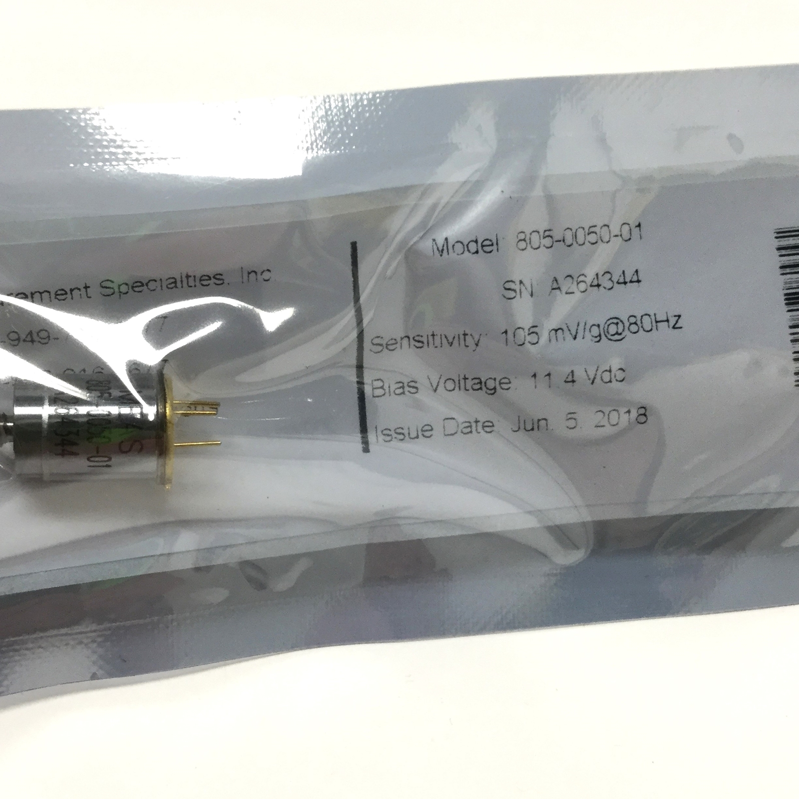 Measurement Specialties 805-0050-01 Piezoelectric Accelerometer, 1-8000Hz, ±50g